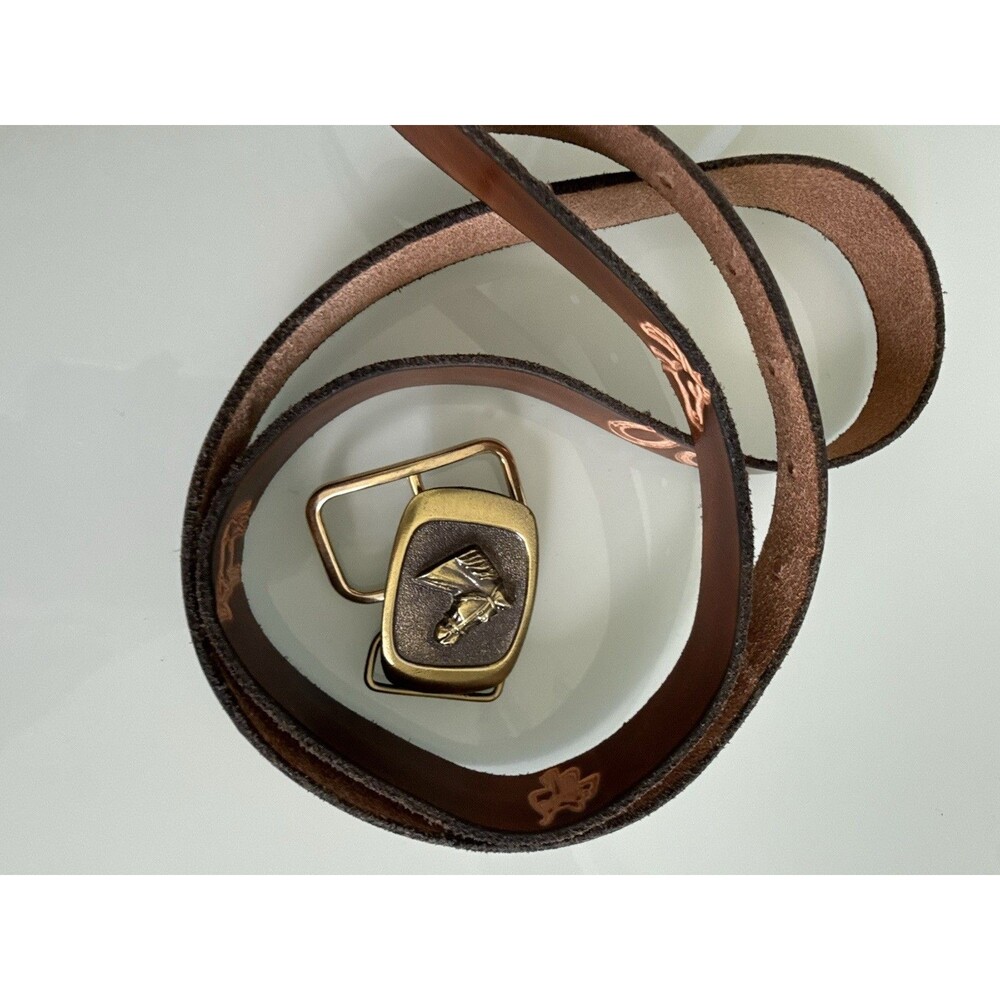 Vintage Shadow Ridge Custom Leather Belt Horse Tooled w/ 1983 USA Brass Buckle